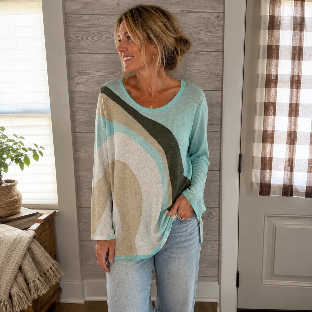 Soft Surroundings XL Abstract Wave Knit Tunic Sweater Aqua Beige Green
